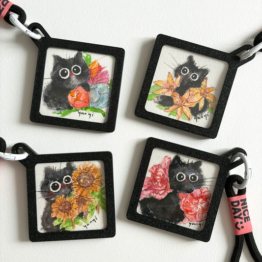 4 Original Flower Black Cats Painting
