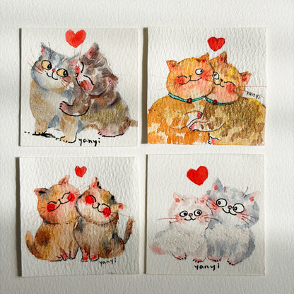 4 Original Couple Love Cats Watercolor Painting