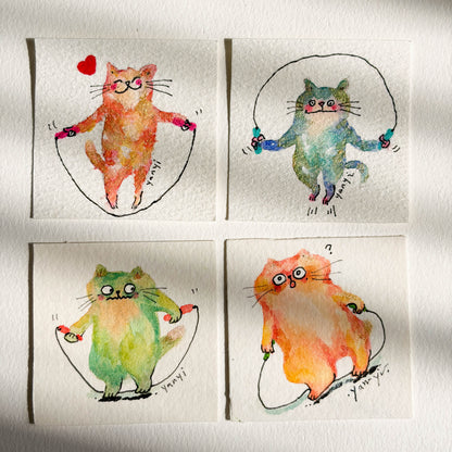 4 Original Jumping Rope Cats Watercolor Painting