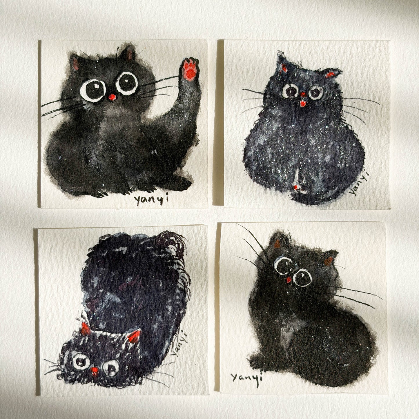 4 Original Black Cats Watercolor Painting