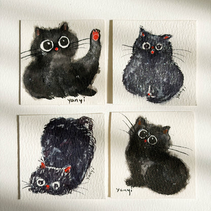 4 Original Black Cats Watercolor Painting