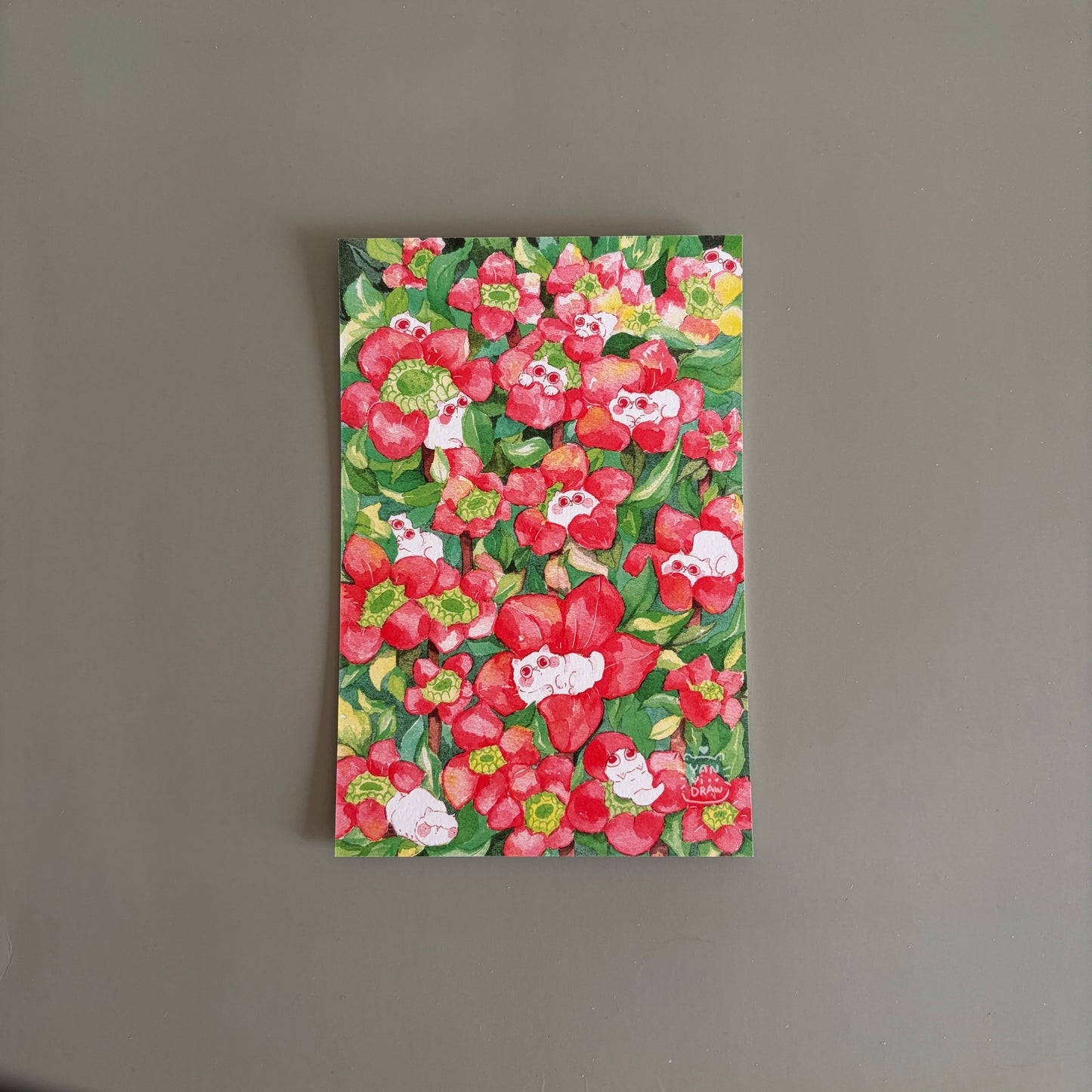 Postcard-Red Flower Kitten
